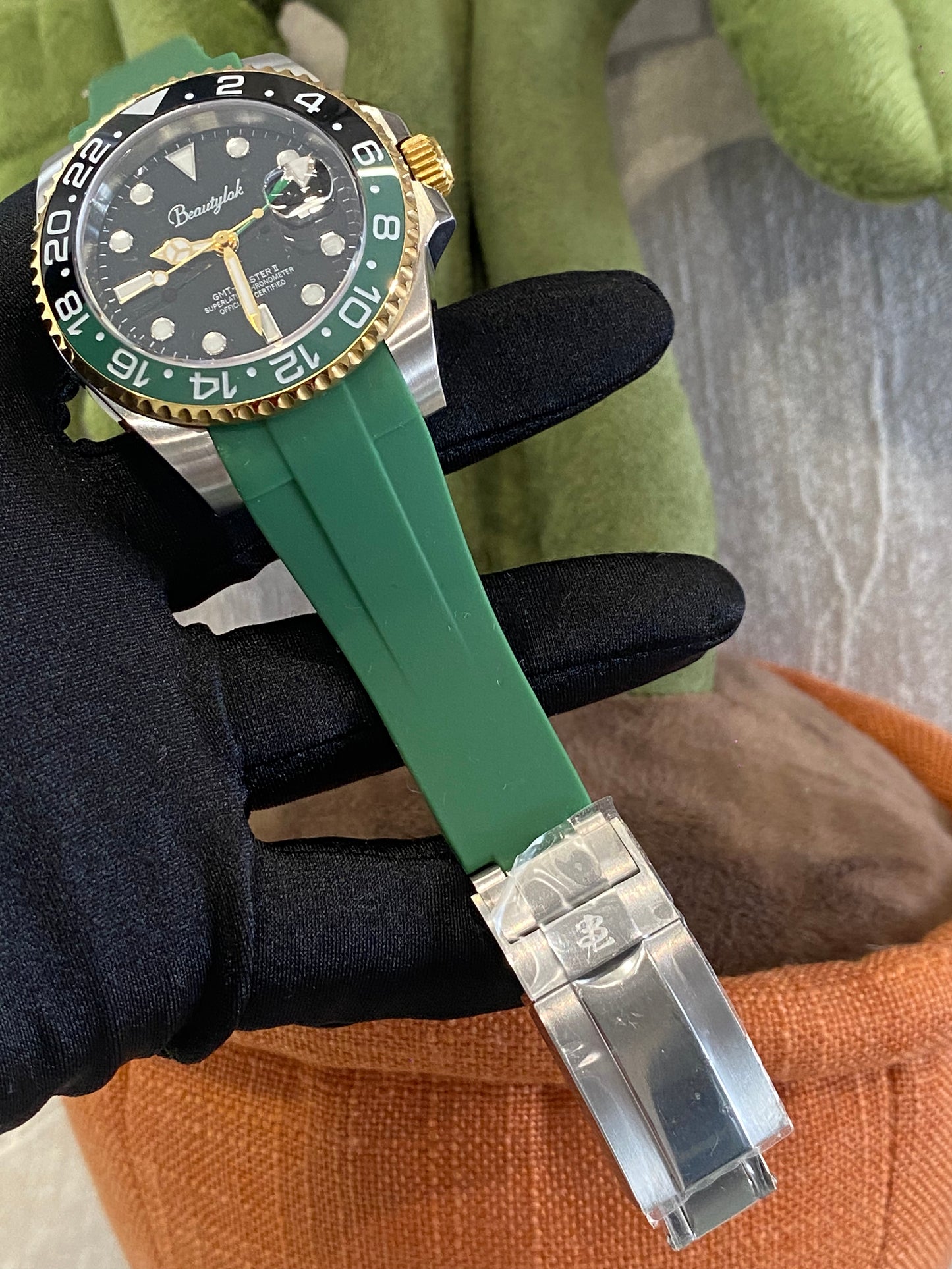 Unisex Green & Black Bezel GMT Watch with Green Rubber Strap