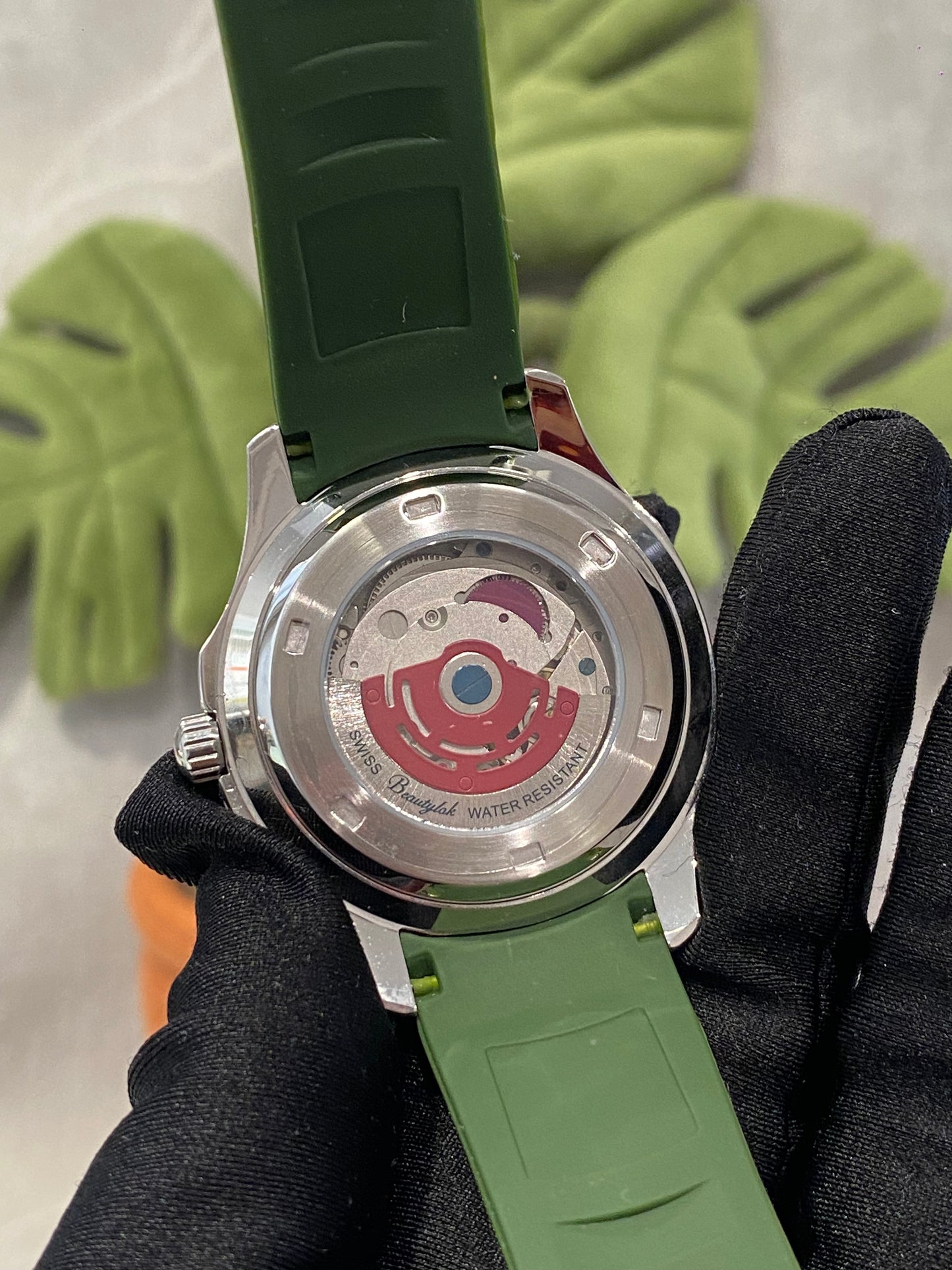 Unisex Green &amp; Black Bezel GMT Watch with Green Rubber Strap