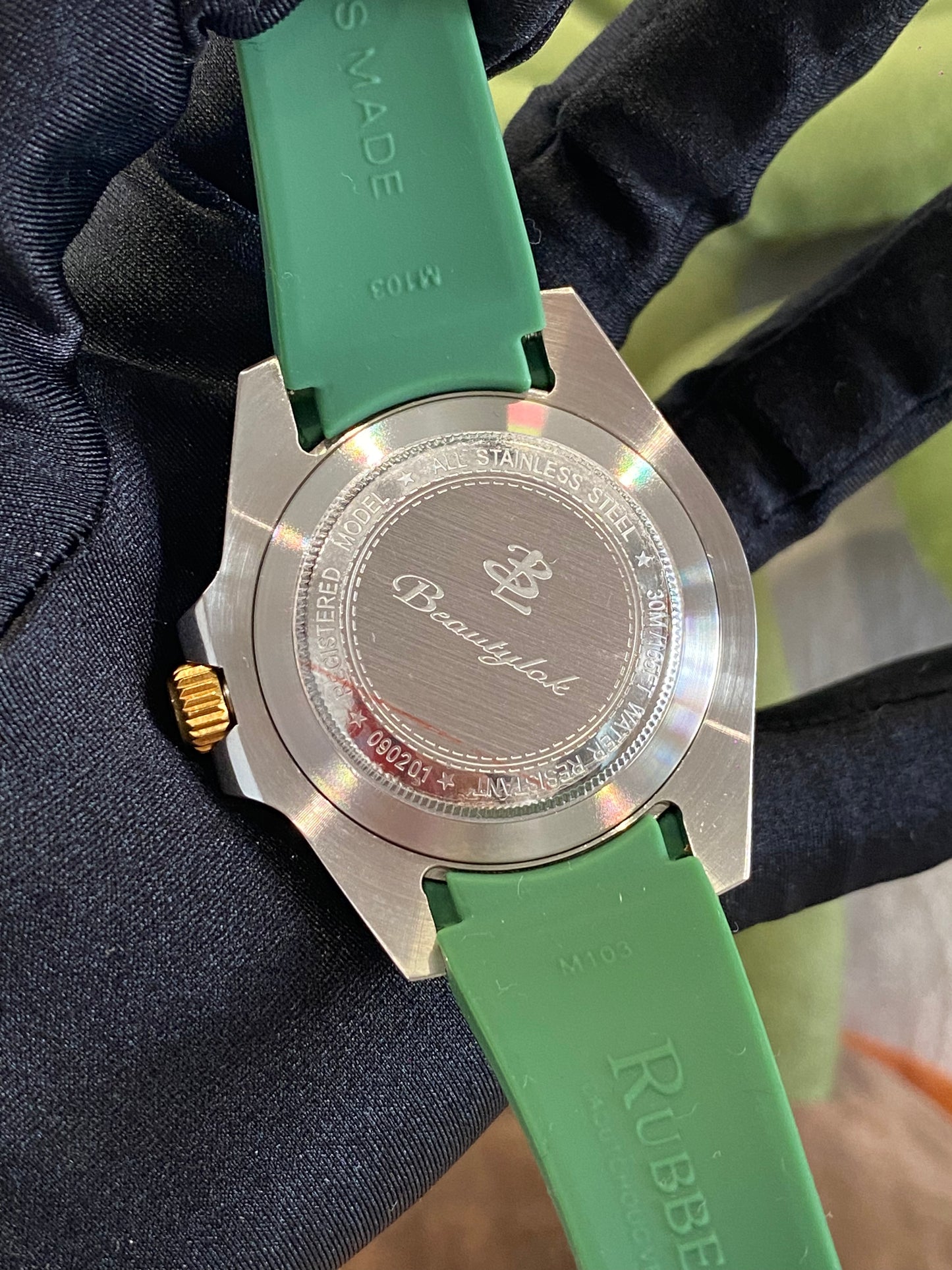 Unisex Green &amp; Black Bezel GMT Watch with Green Rubber Strap