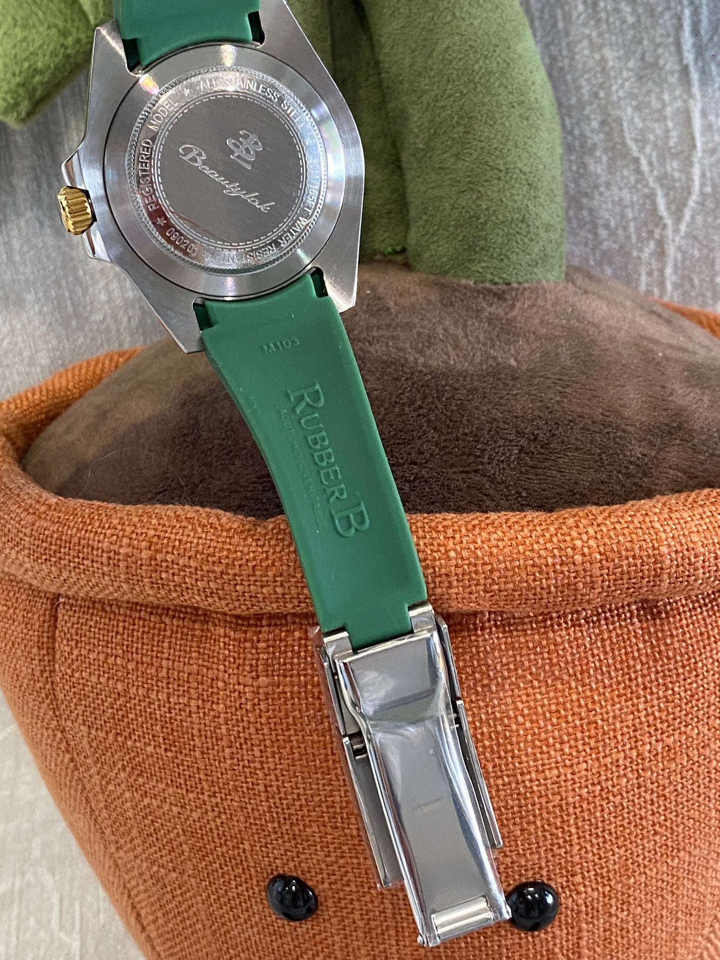 Unisex Green &amp; Black Bezel GMT Watch with Green Rubber Strap