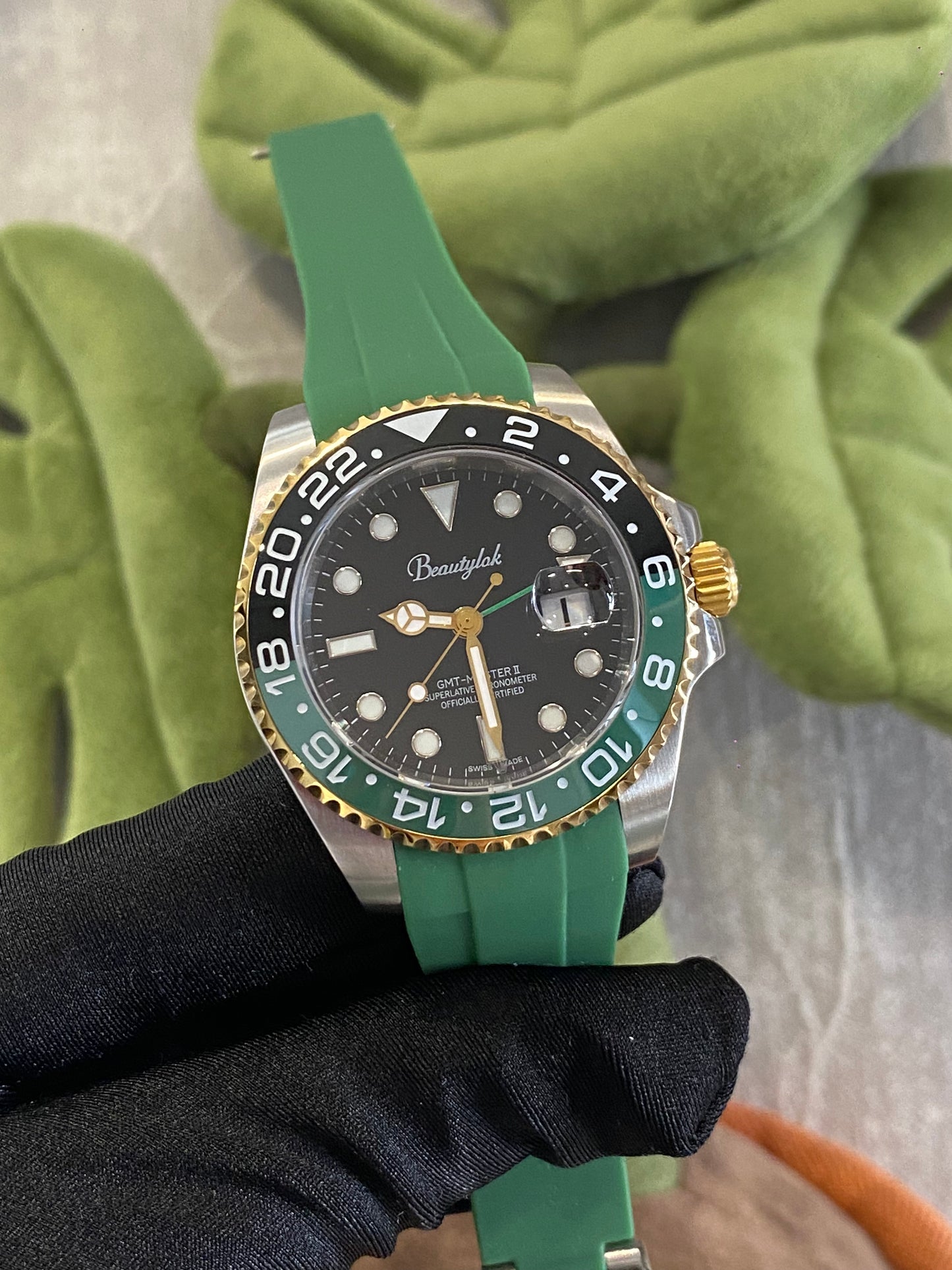 Unisex Green &amp; Black Bezel GMT Watch with Green Rubber Strap