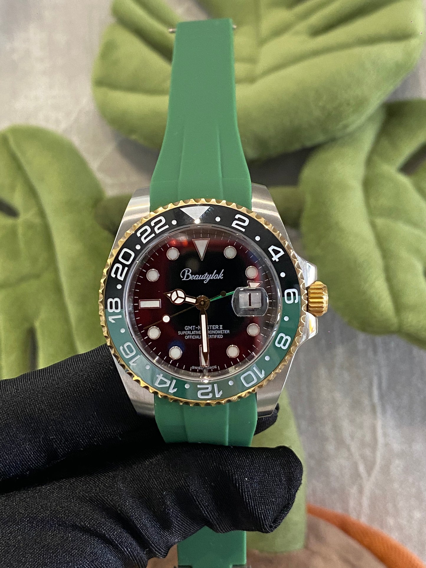 Unisex Green &amp; Black Bezel GMT Watch with Green Rubber Strap