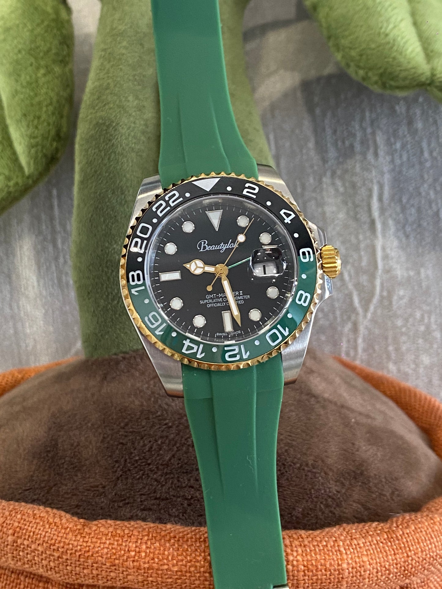 Unisex Green &amp; Black Bezel GMT Watch with Green Rubber Strap
